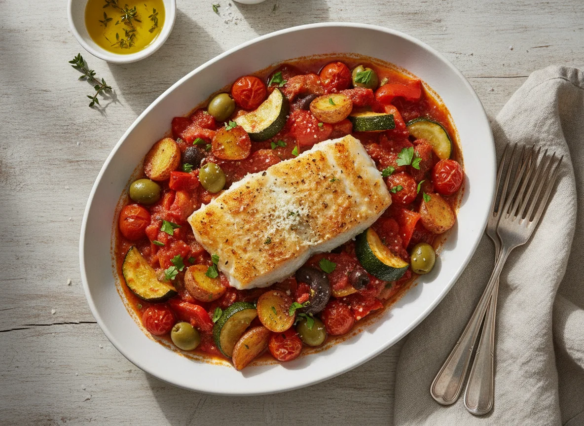 Gebackener Fisch mit mediterranem Gemüse photo