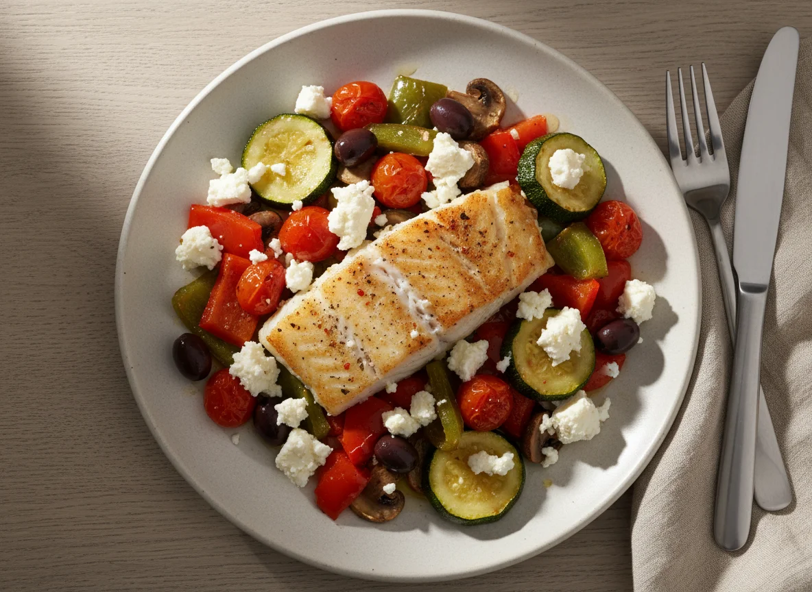 Gebackener Fisch mit mediterranem Gemüse und Feta photo