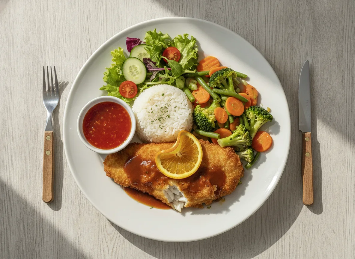 Gebackener Fisch mit Reis und Gemüse photo