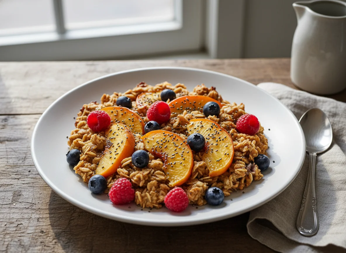 Gebackener Haferauflauf mit Beeren und Pfirsich photo