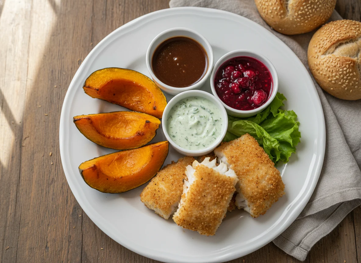 Gebackener Kürbis und Fisch mit Saucen photo