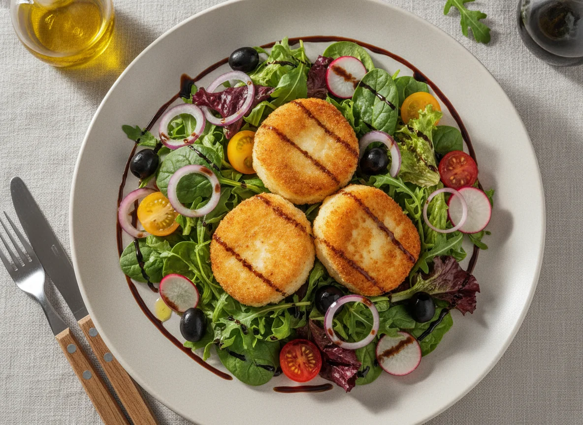 Gebackener Schafskäse auf gemischtem Salat photo