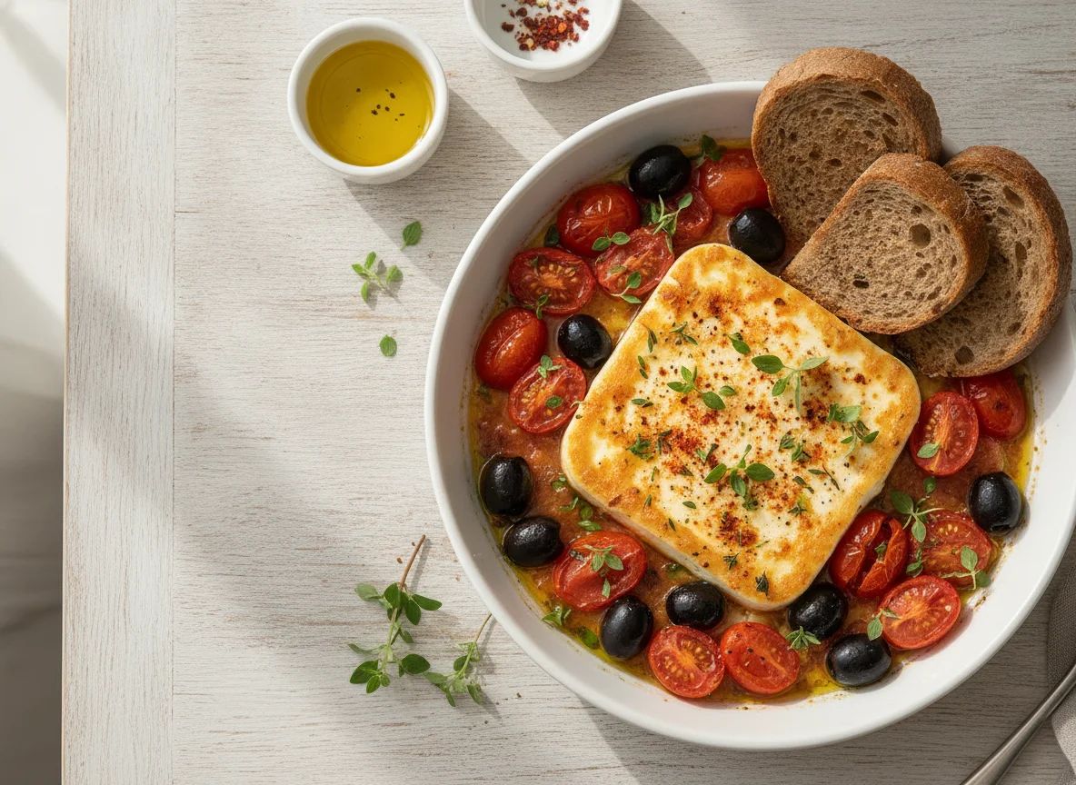 Gebackener Schafskäse mit Tomaten und Oliven photo
