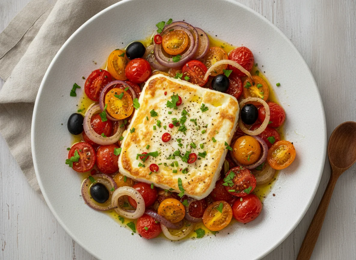 Gebackener Schafskäse mit Tomaten und Zwiebeln photo