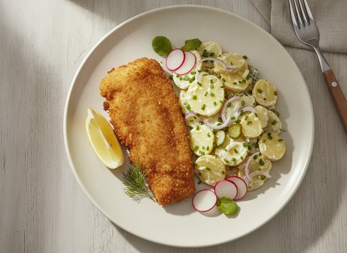 Gebackenes Fischfilet mit Erdäpfelsalat photo