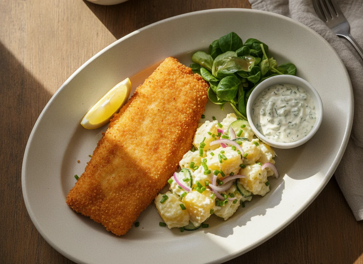 Gebackenes Fischfilet mit Erdäpfelsalat und Sauce Tartare photo