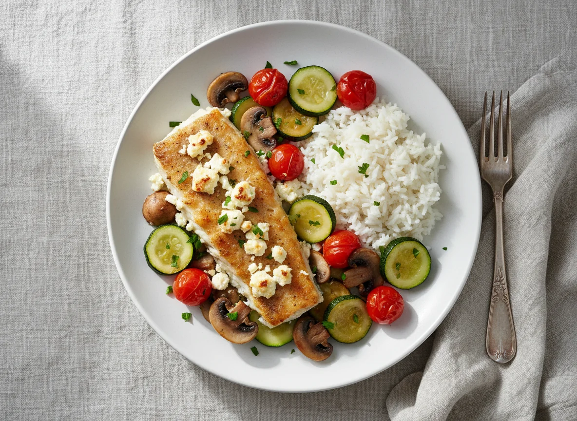 Gebackenes Fischfilet mit Feta, Reis und Pfannengemüse photo