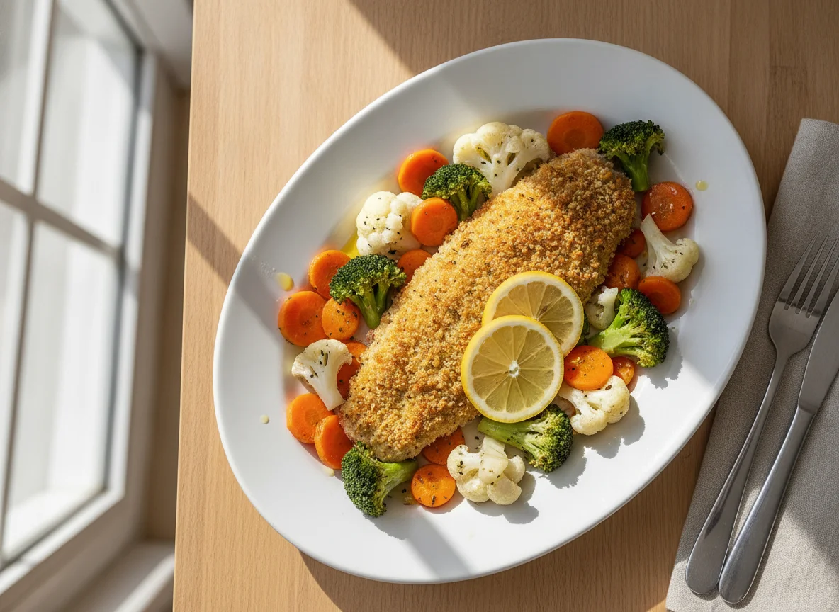 Gebackenes Fischfilet mit Mischgemüse photo