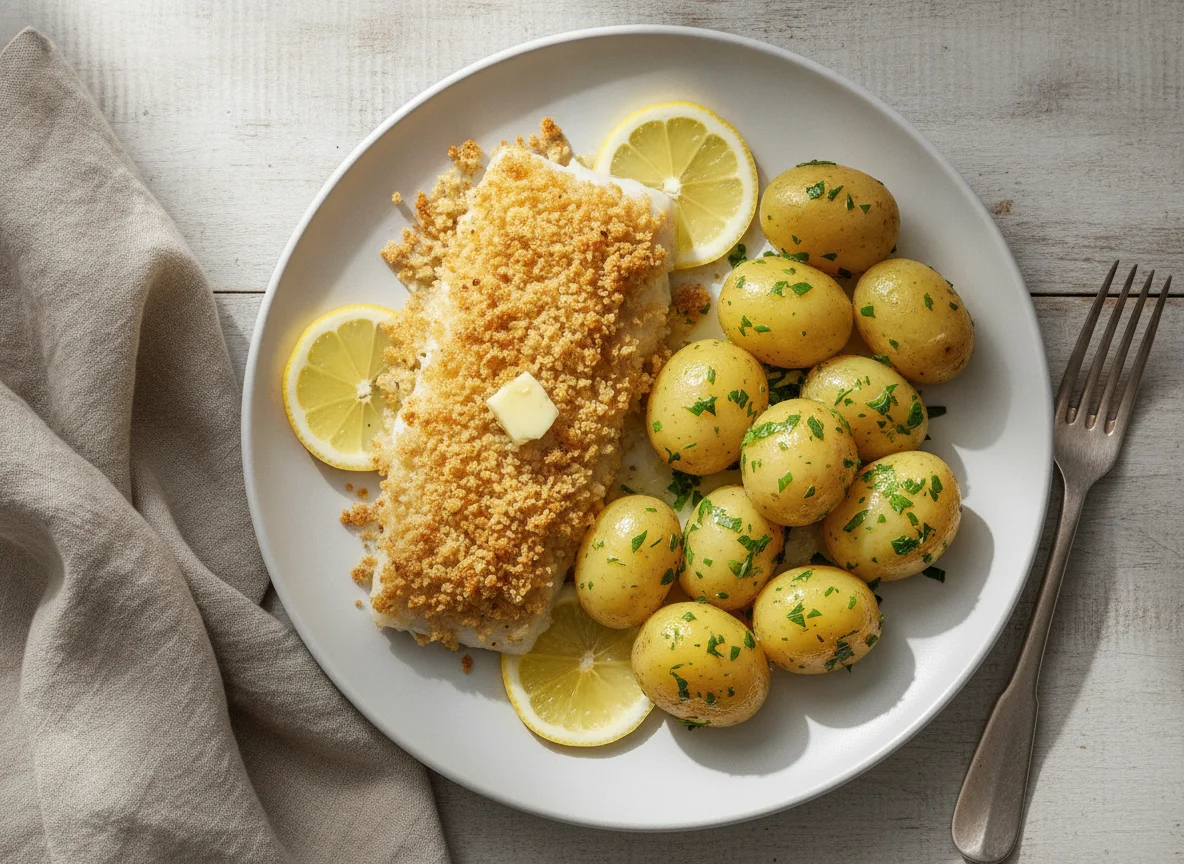 Gebackenes Fischfilet mit Petersilerdäpfeln photo