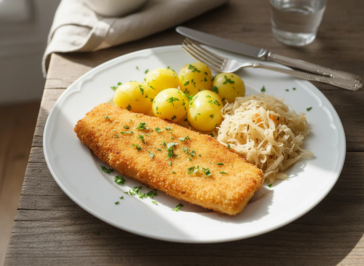 Gebackenes Fischfilet mit Petersilerdäpfeln und Sauerkraut photo