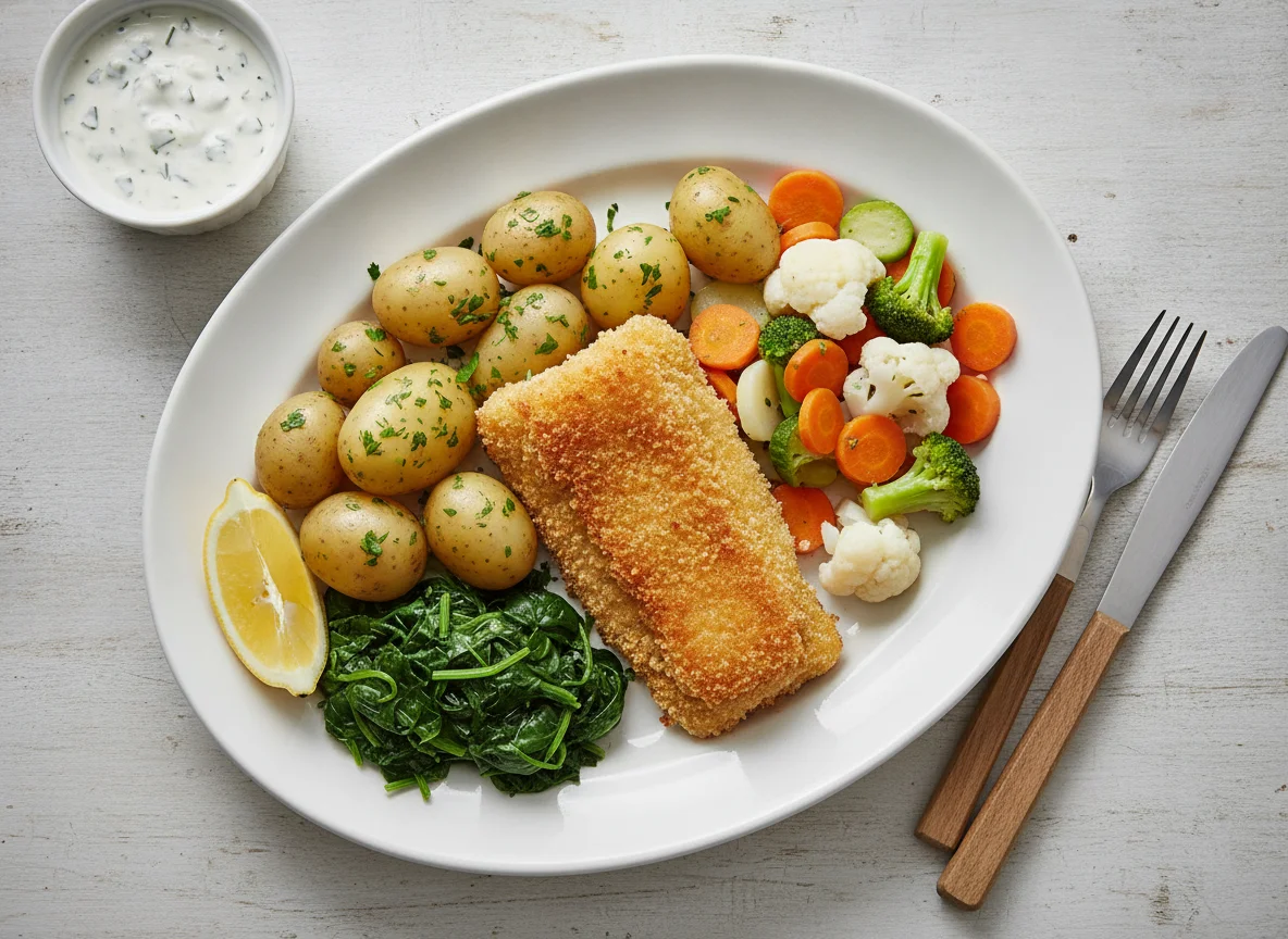 Gebackenes Fischfilet mit Petersilienkartoffeln und Mischgemüse photo