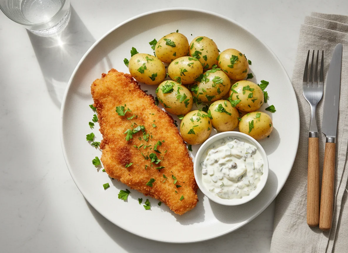 Gebackenes Fischfilet mit Petersilienkartoffeln und Sauce Tartare photo