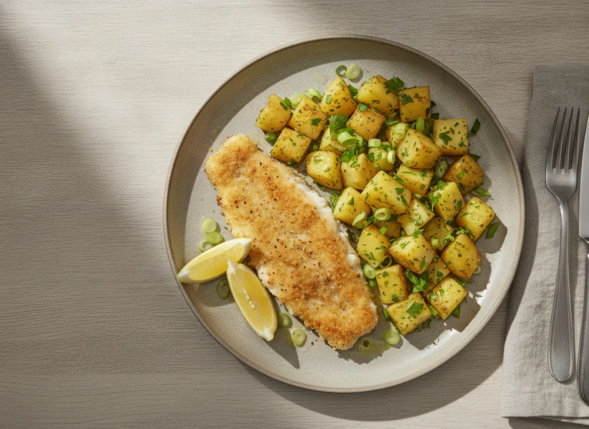 Gebackenes Fischfilet mit Petersilienkartoffeln photo