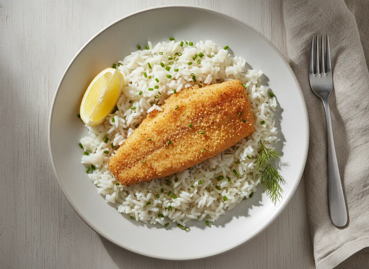 Gebackenes Fischfilet mit Reis photo