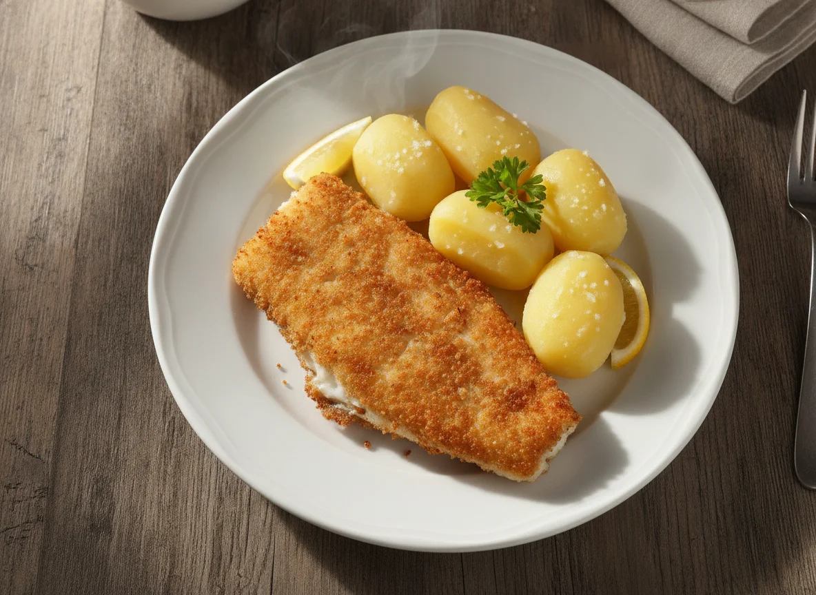 Gebackenes Fischfilet mit Salzkartoffeln photo