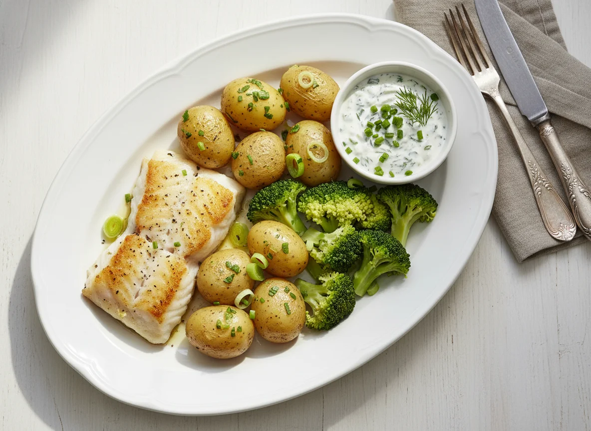Gebackenes Fischfilet mit Salzkartoffeln, Brokkoli und Kräuterquark photo
