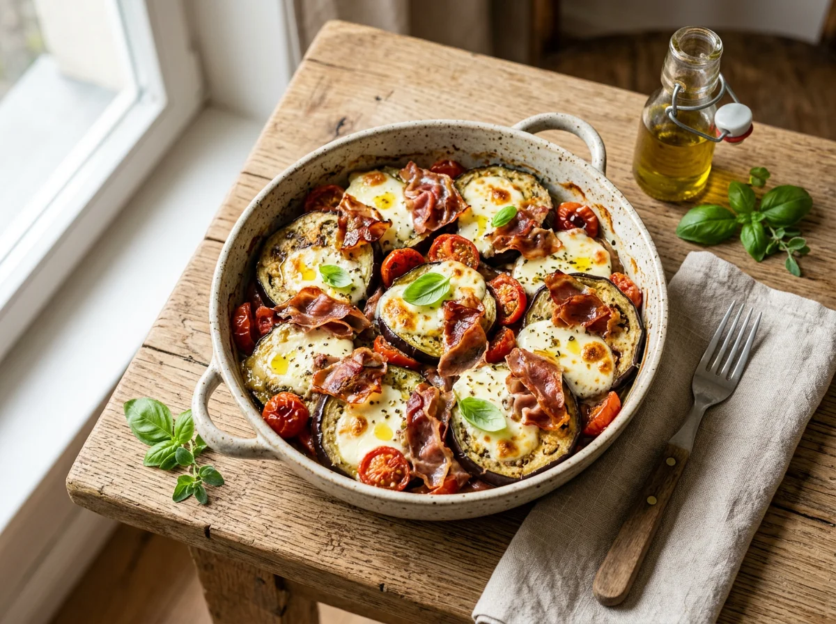 Gebackenes Gemüse mit Schinken und Käse photo