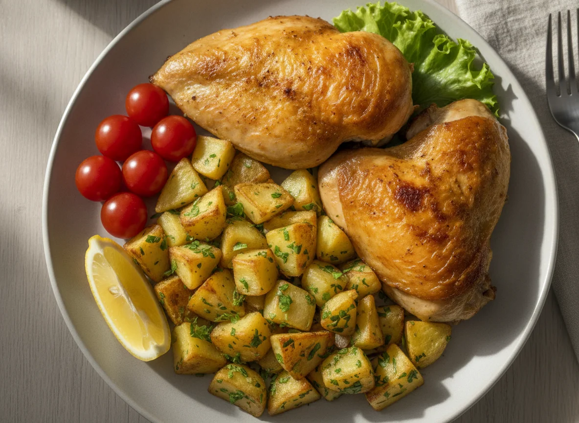 Gebackenes Hähnchen mit Petersilkartoffeln photo