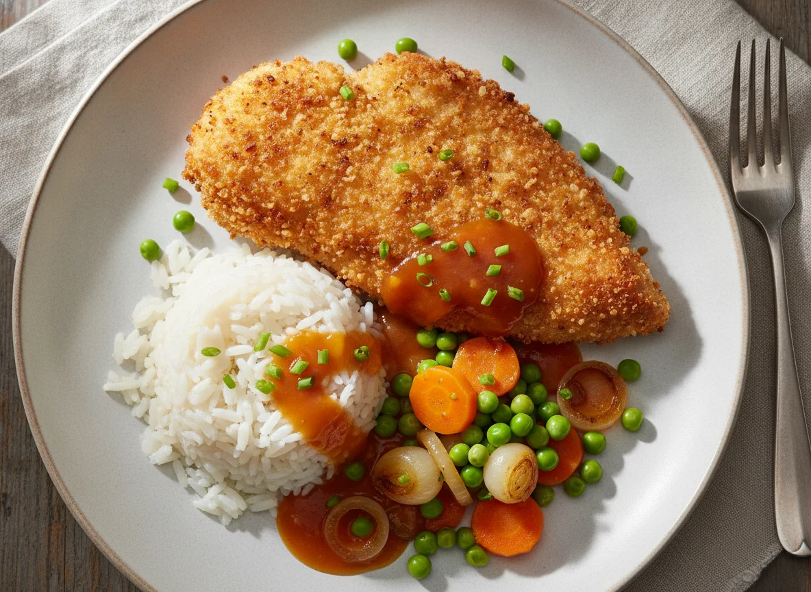 Gebackenes Hähnchen mit Reis und Süß-Sauer-Sauce photo