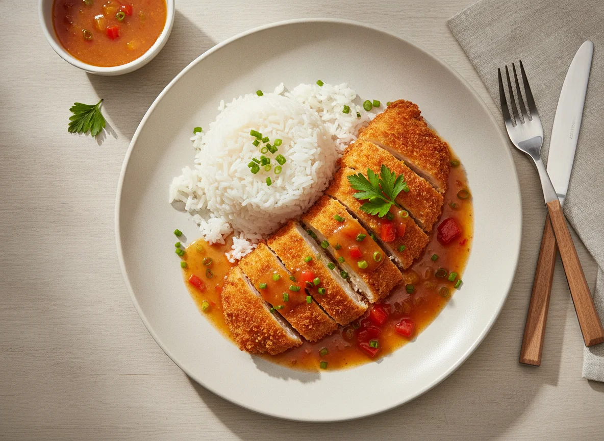 Gebackenes Hähnchen mit Reis und Süß-Sauer-Soße photo