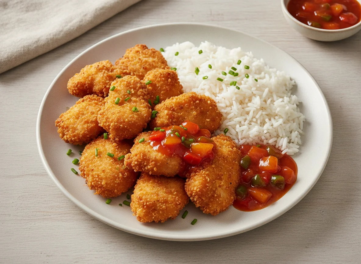 Gebackenes Huhn mit Reis und Süß-Sauer-Sauce photo
