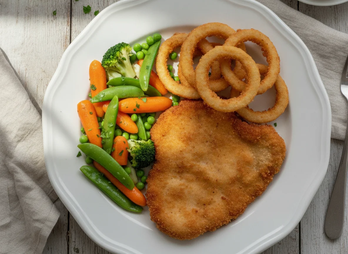 Gebackenes Schnitzel mit Zwiebelringen und Gemüse photo