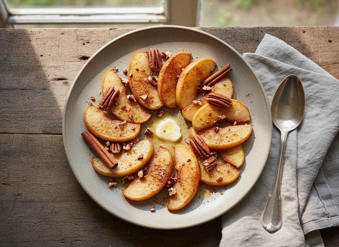 Gebratene Äpfel mit Pekannüssen und Zimt photo