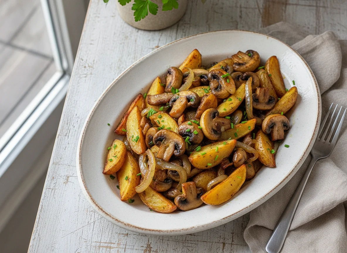 Gebratene Champignons mit Kartoffeln und Zwiebeln photo