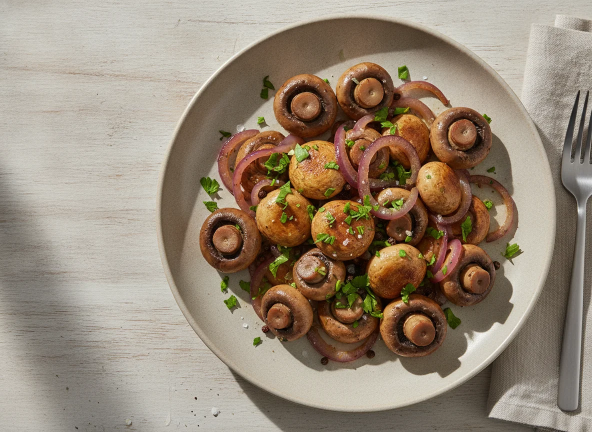 Gebratene Champignons mit roten Zwiebeln photo