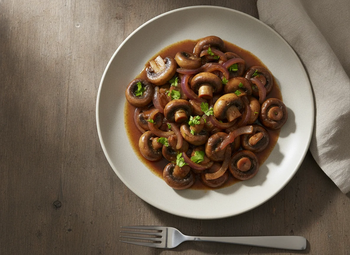 Gebratene Champignons mit Zwiebeln photo