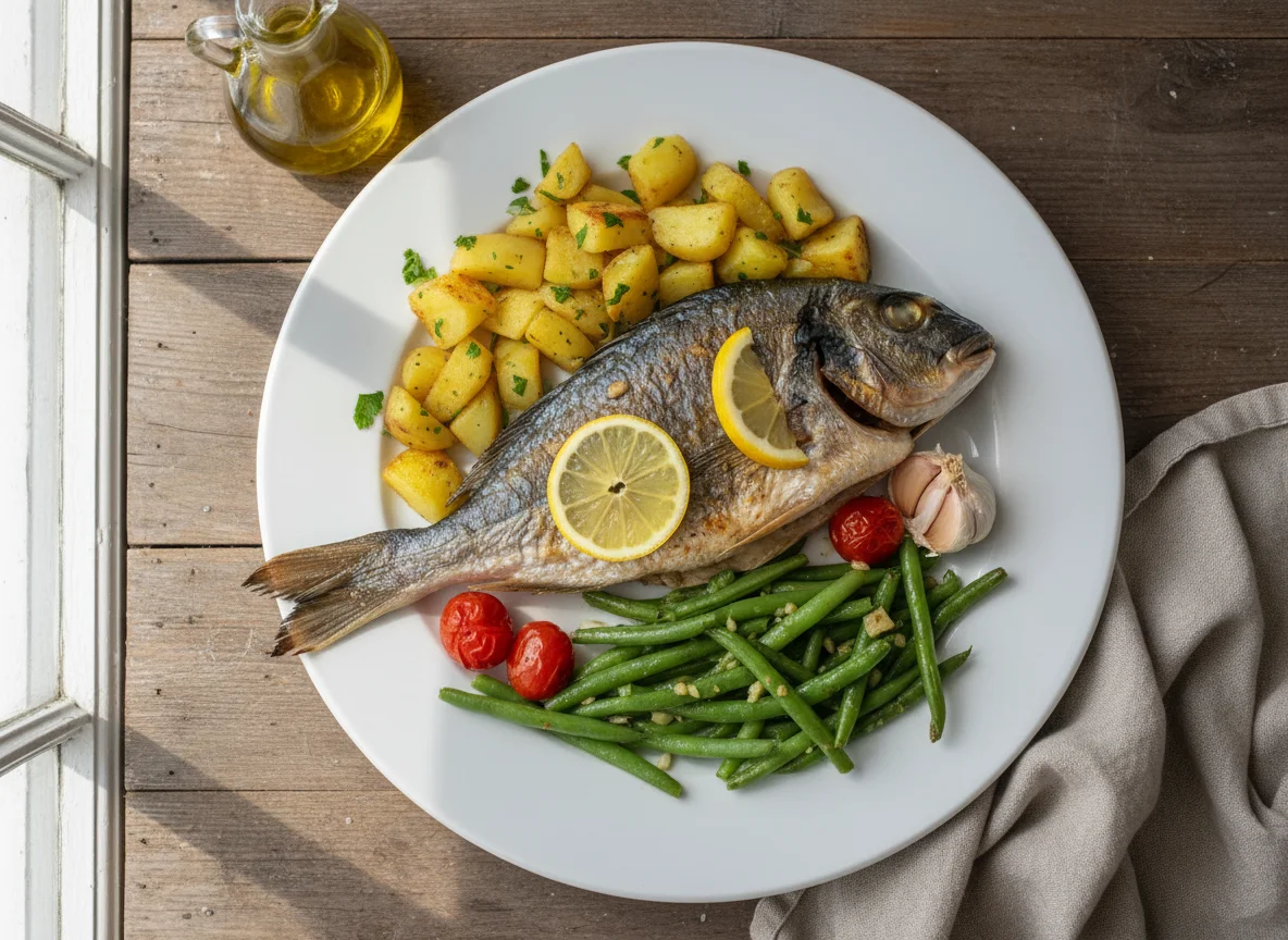 Gebratene Dorade mit Kartoffeln und grünen Bohnen photo