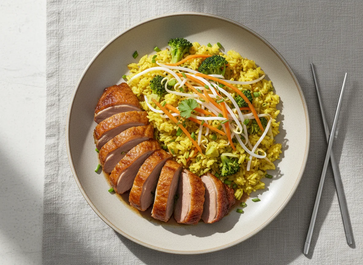 Gebratene Ente mit Reis und Gemüse photo