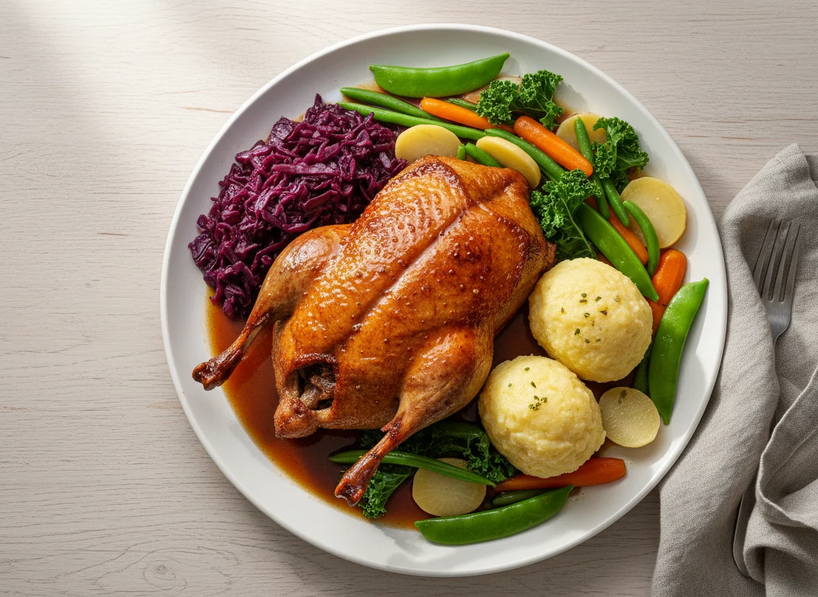 Gebratene Ente mit Rotkohl, Klößen und Gemüse photo