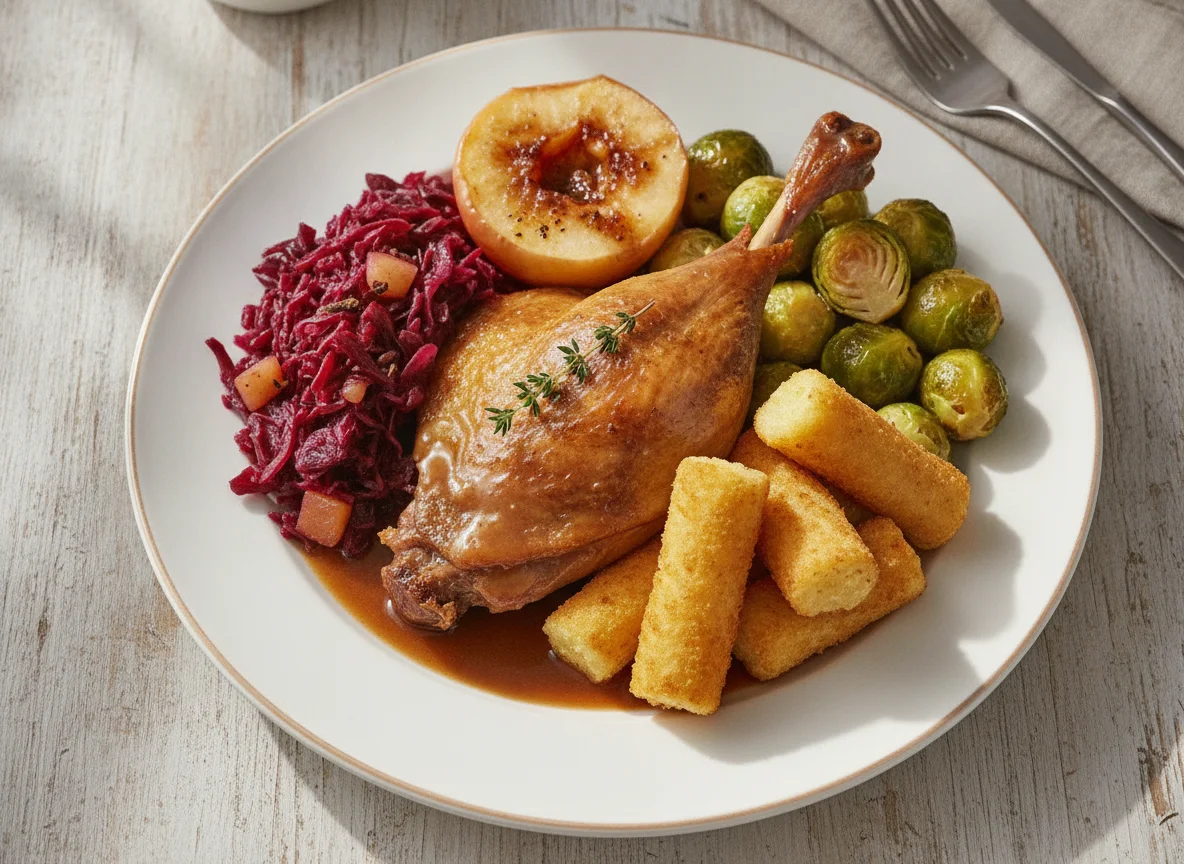 Gebratene Ente mit Rotkohl, Rosenkohl, Kroketten und Apfel photo