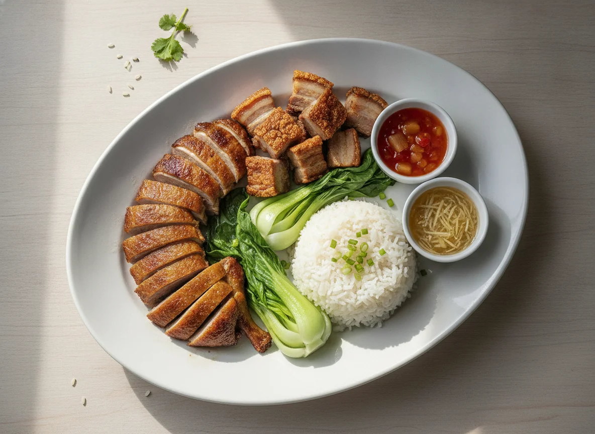 Gebratene Ente und Schweinebraten mit Reis photo