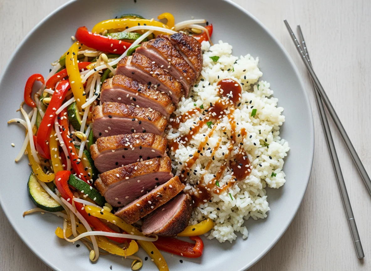 Gebratene Entenbrust mit Blumenkohlreis und asiatischem Gemüse photo