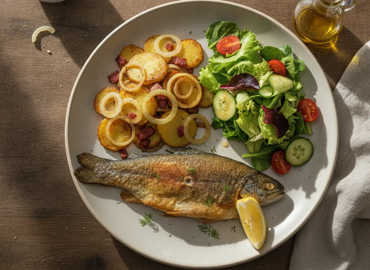 Gebratene Forelle mit Bratkartoffeln und Beilagensalat photo