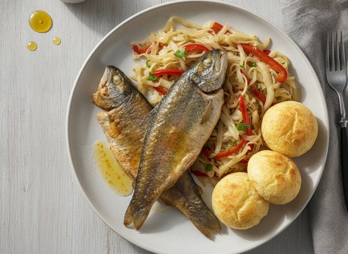 Gebratene Forellenfilets mit Schmorkohl und Pão de queijo photo