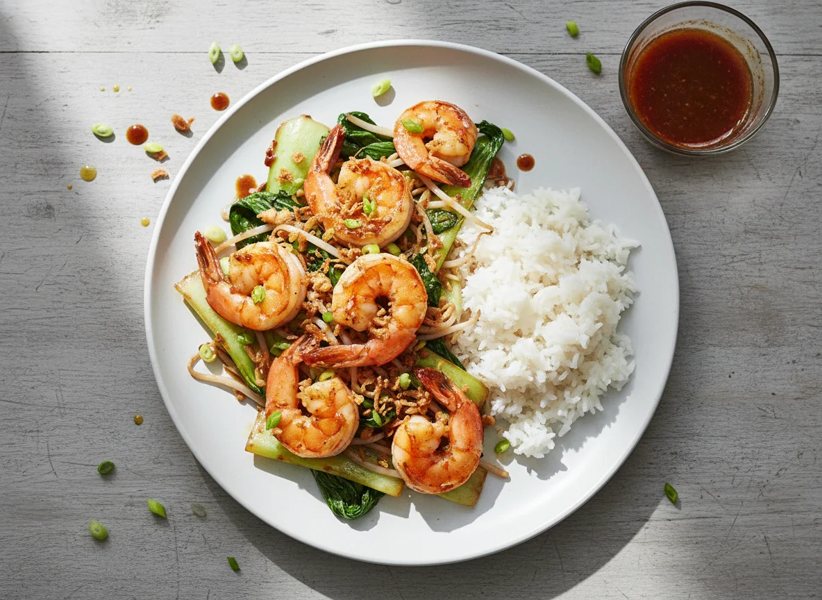 Gebratene Garnelen mit Pak Choi, Sprossen und Reis photo