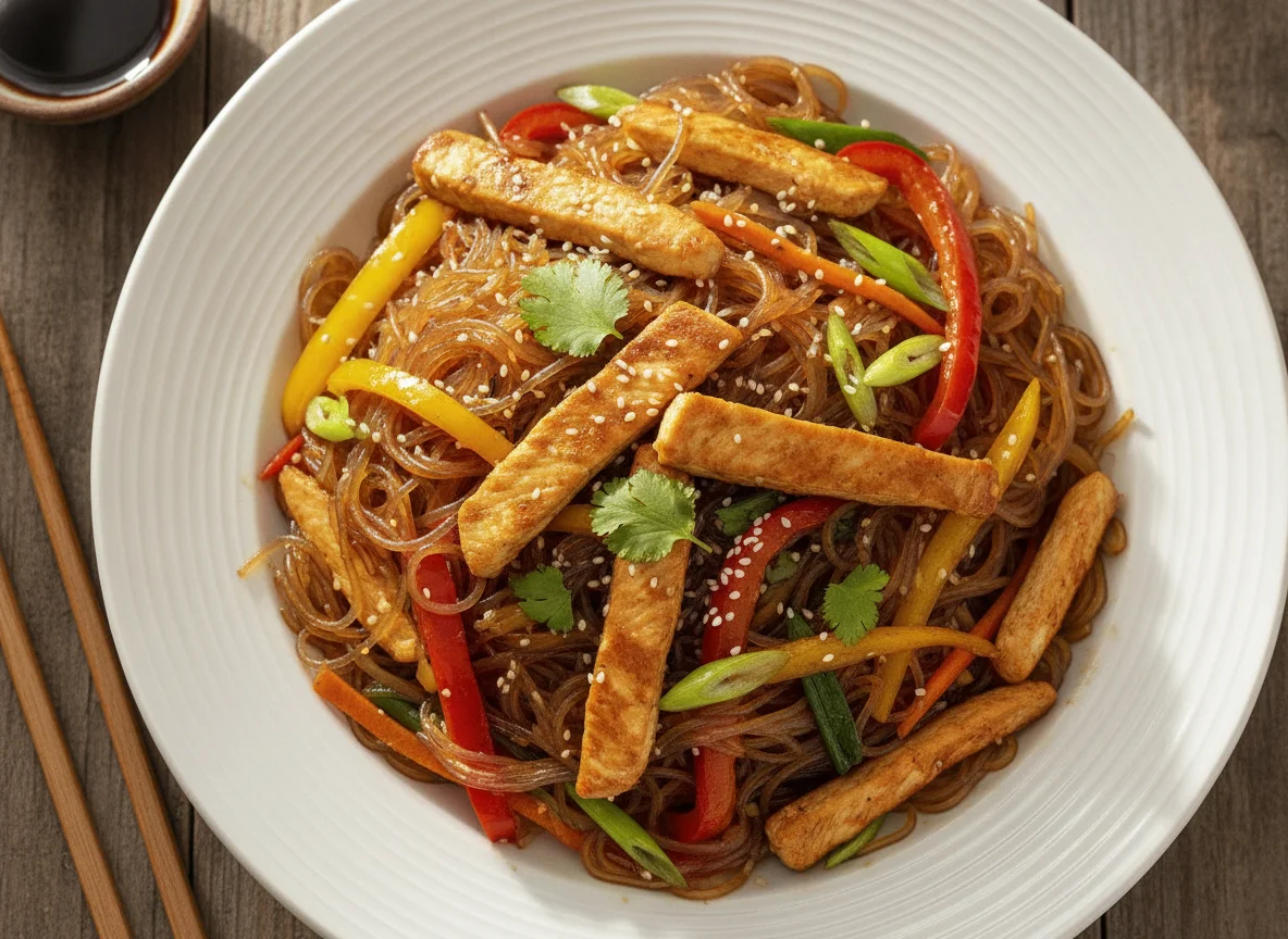 Gebratene Glasnudeln mit Hähnchen und Gemüse photo