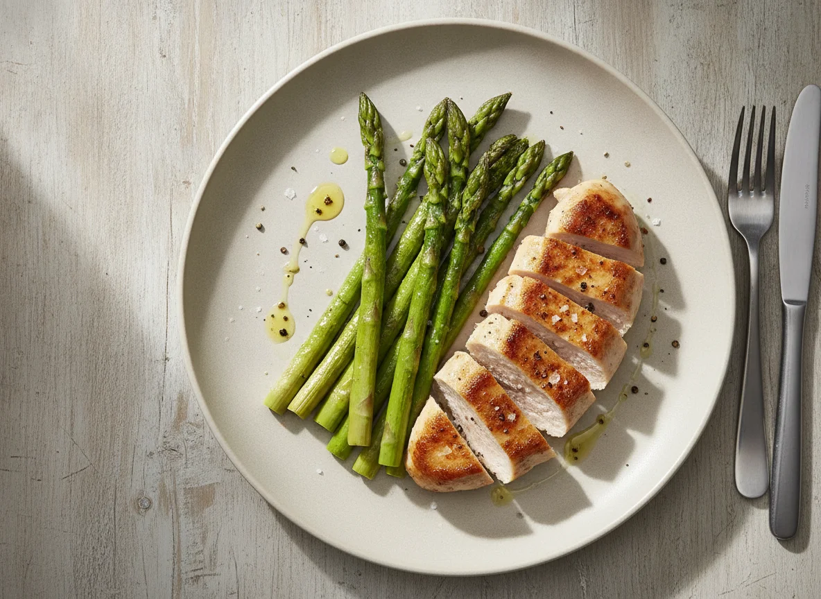 Gebratene Hähnchenbrust mit grünem Spargel photo