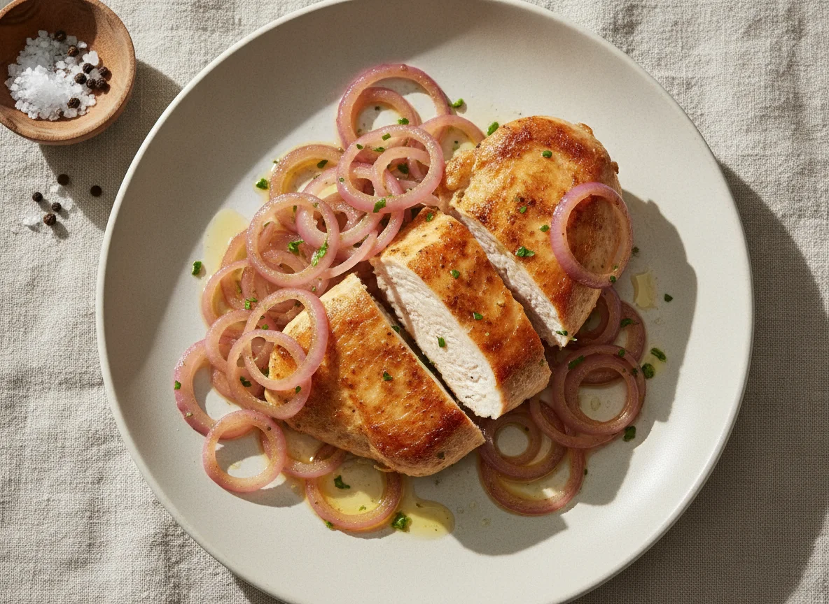 Gebratene Hähnchenbrust mit roten Zwiebeln photo