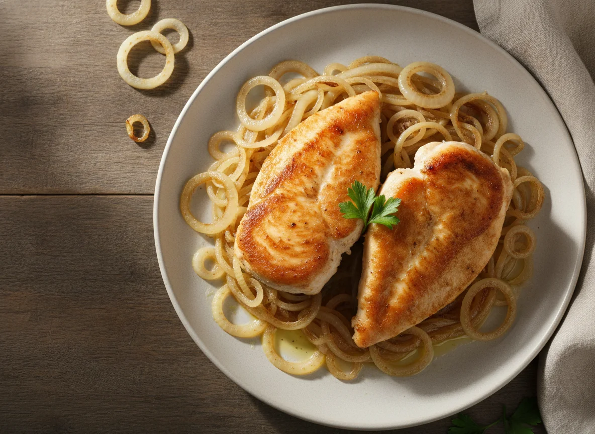 Gebratene Hähnchenbrust mit Zwiebeln photo