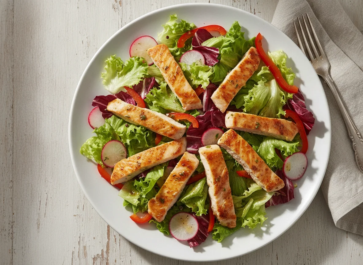 Gebratene Hähnchenbruststreifen mit gemischtem Salat photo