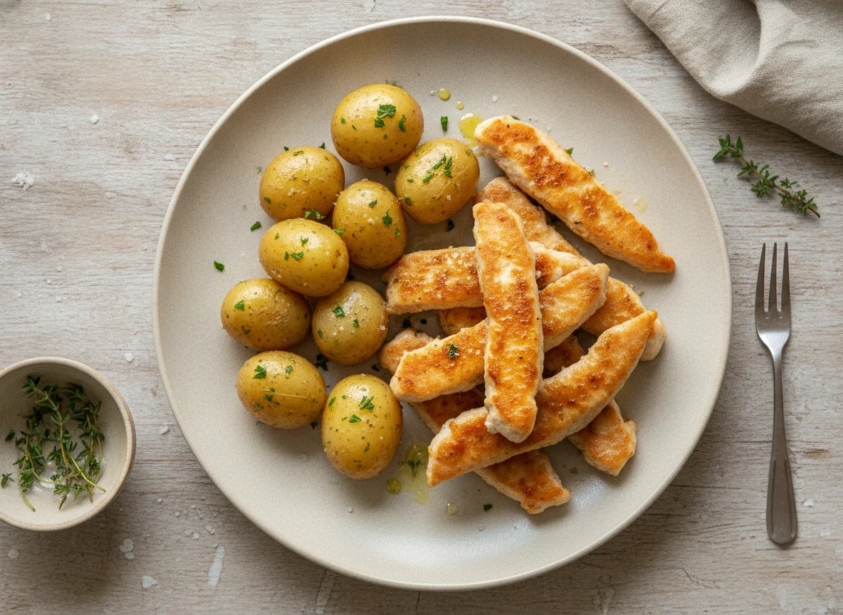 Gebratene Hähnchenbruststreifen mit Salzkartoffeln photo