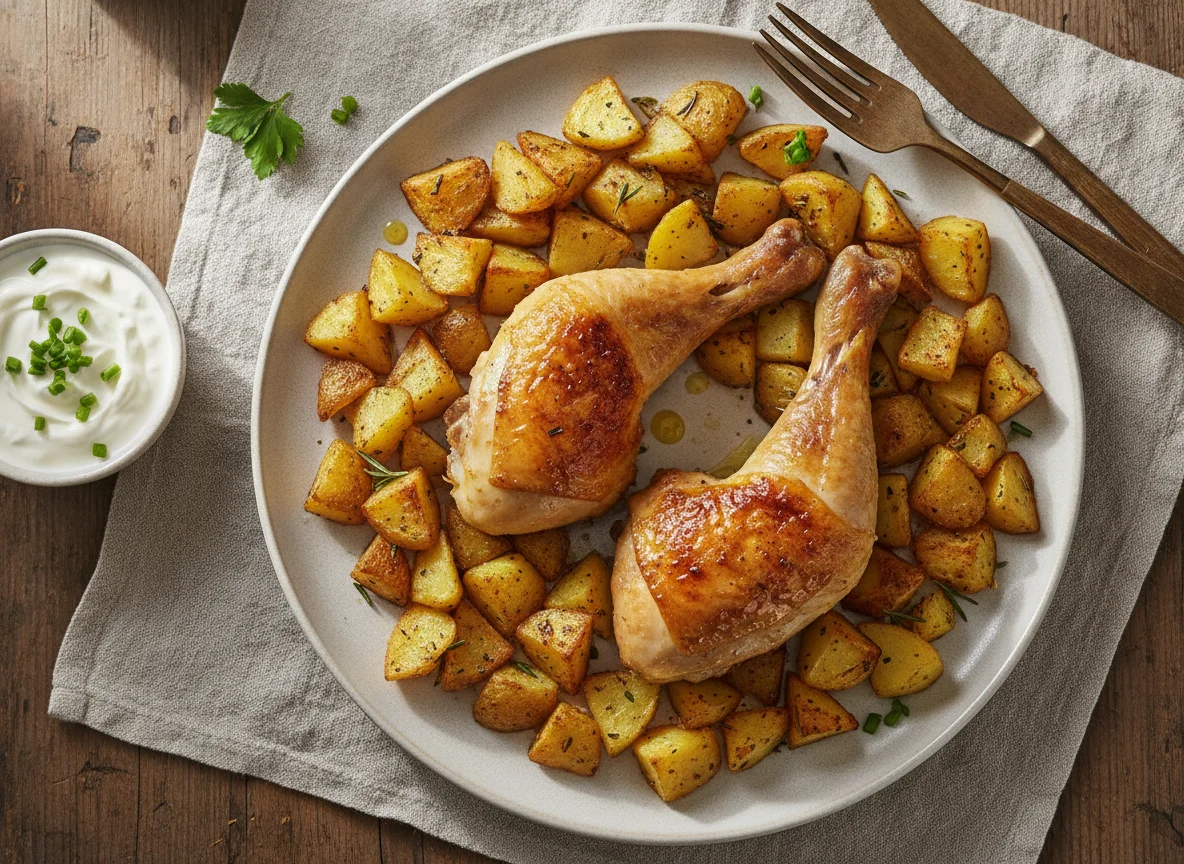 Gebratene Hähnchenschenkel mit Röstkartoffeln photo