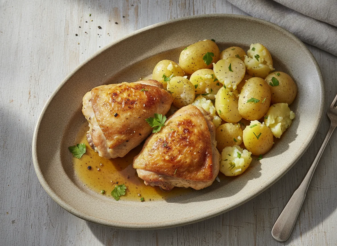 Gebratene Hähnchenschenkel mit Salzkartoffeln photo