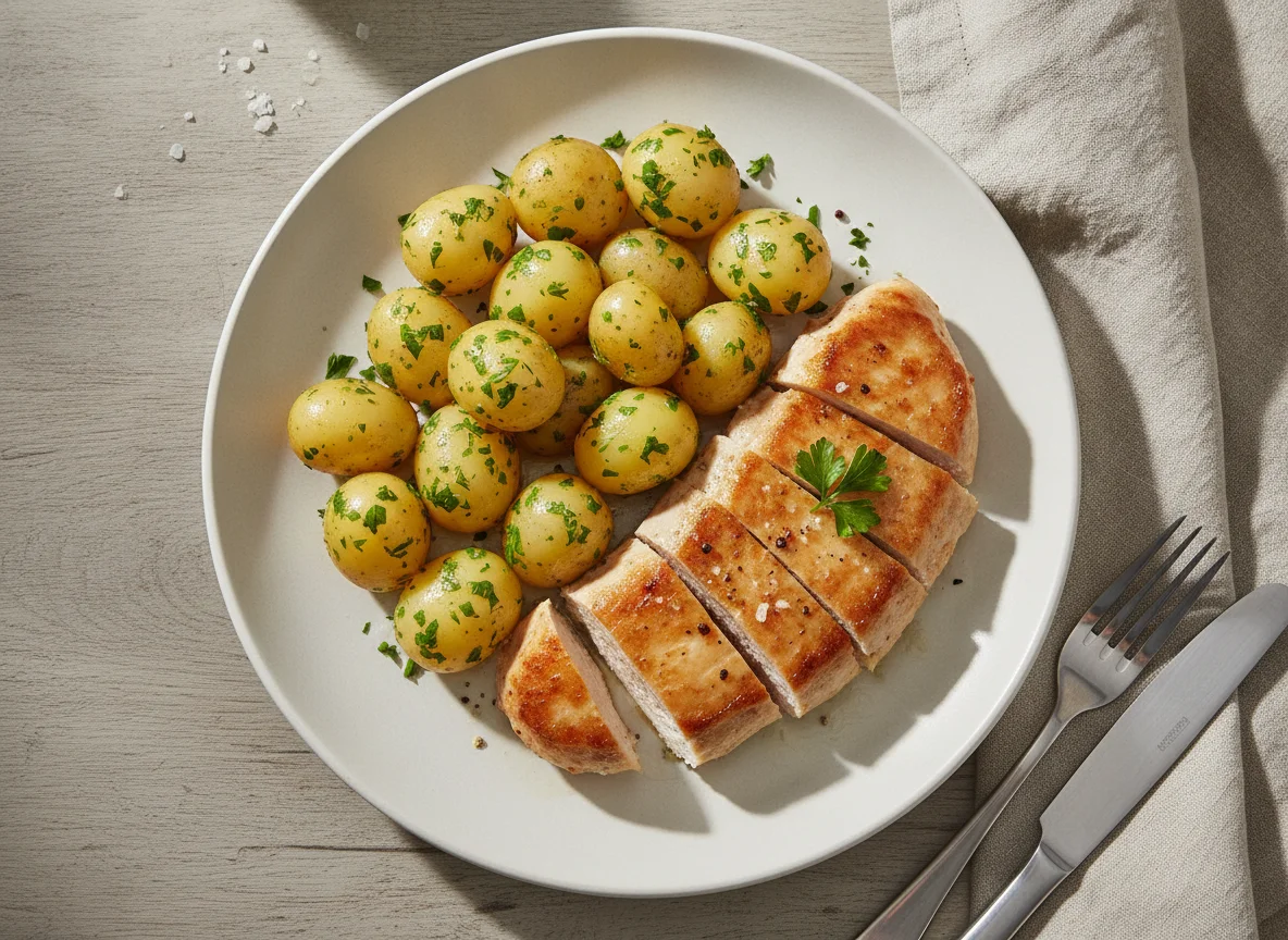 Gebratene Hühnerbrust mit Petersilienkartoffeln photo