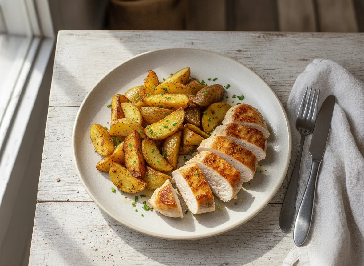 Gebratene Hühnerbrust mit Röstkartoffeln photo
