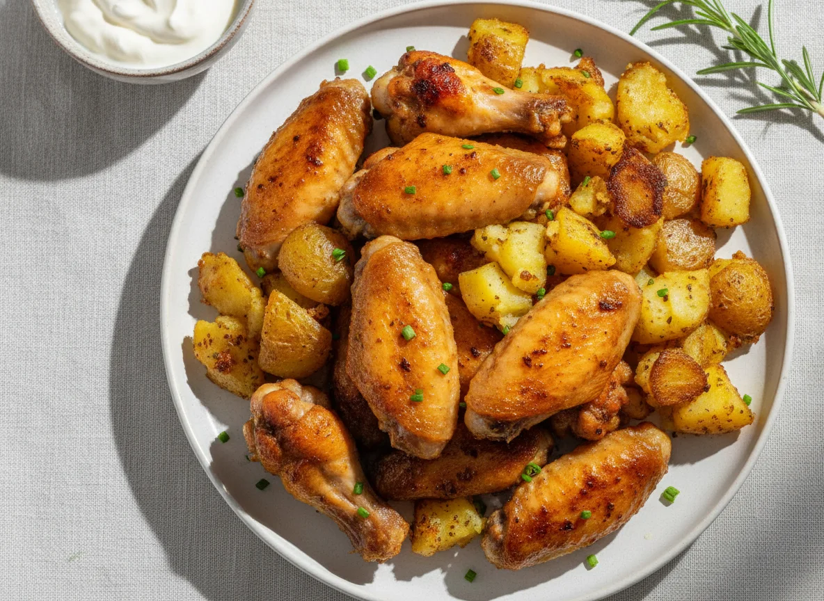 Gebratene Hühnerflügel mit Röstkartoffeln photo